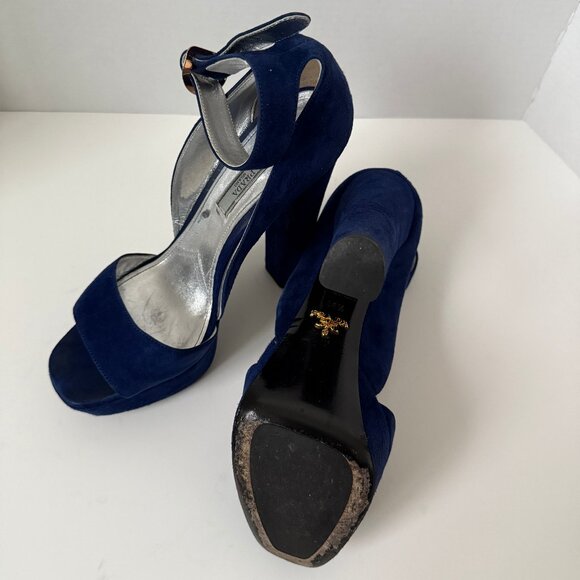 Prada Navy Suede Platform Block Heel Sandals - Picture 4 of 6